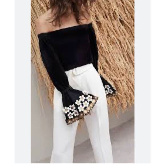 ALEXIS Juniper Off-Shoulder Black Bell Sleeve Top Small, Leather Floral Detail
